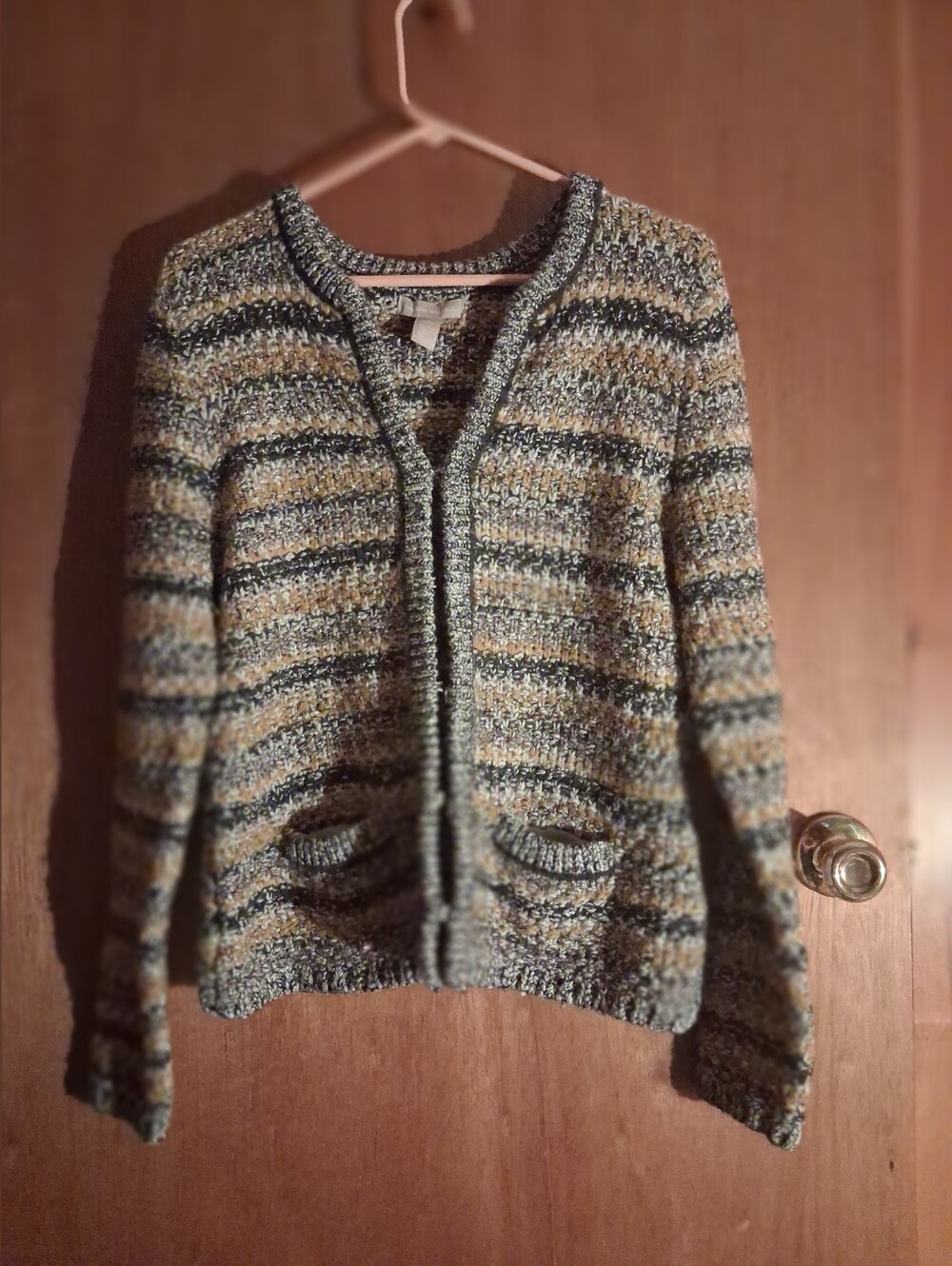 Striped Knit Cardigan Sweater - Gray and Olive